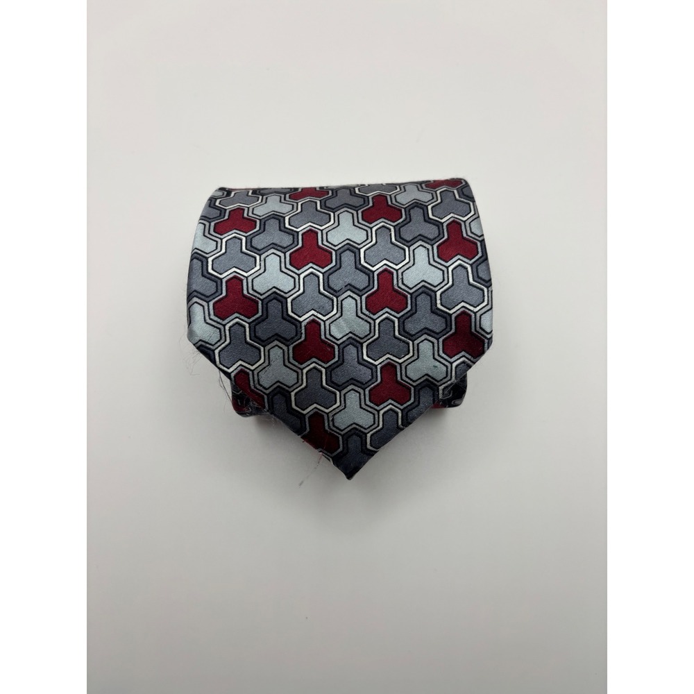 GianCarlo Lamberti Mens Silk Tie Grey Red Geometric Trefoil Handmade Italy